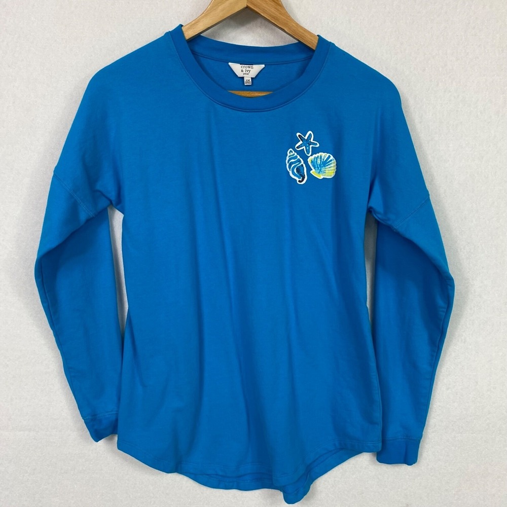 Crown & Ivy Womens PM T Shirt Blue Starfish Seashell Beach Long Sleeve